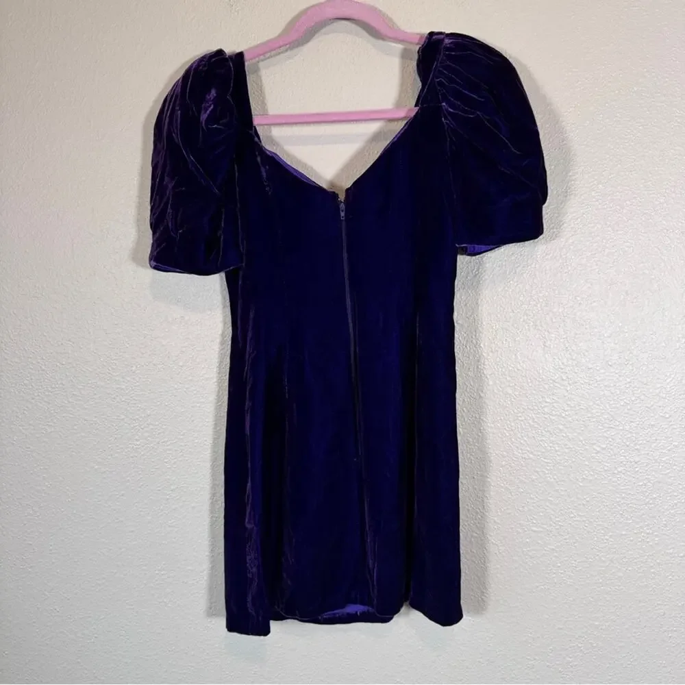 Vintage 80s Purple Velvet Puff Sleeve Mini Dress Womens 8 Fall Prom Formal Retro